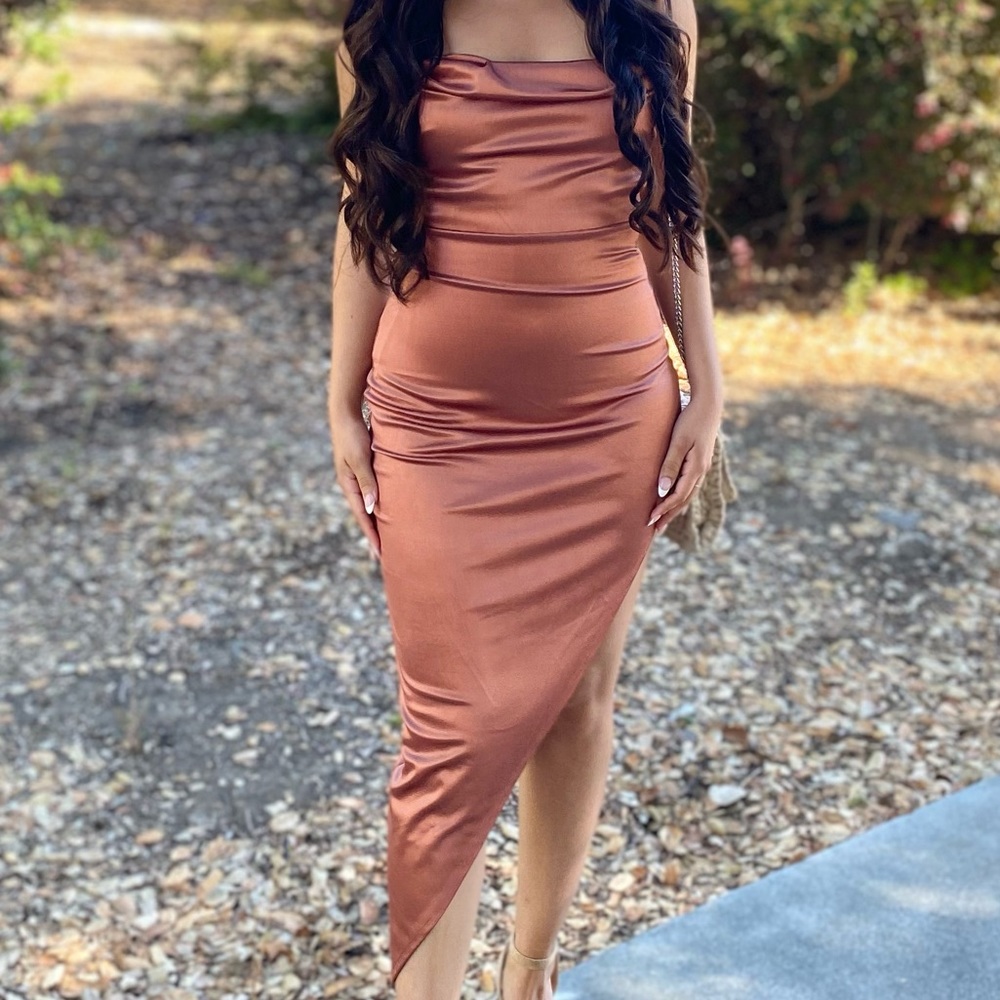 Satin Burnt Orange Asymmetrical Dress